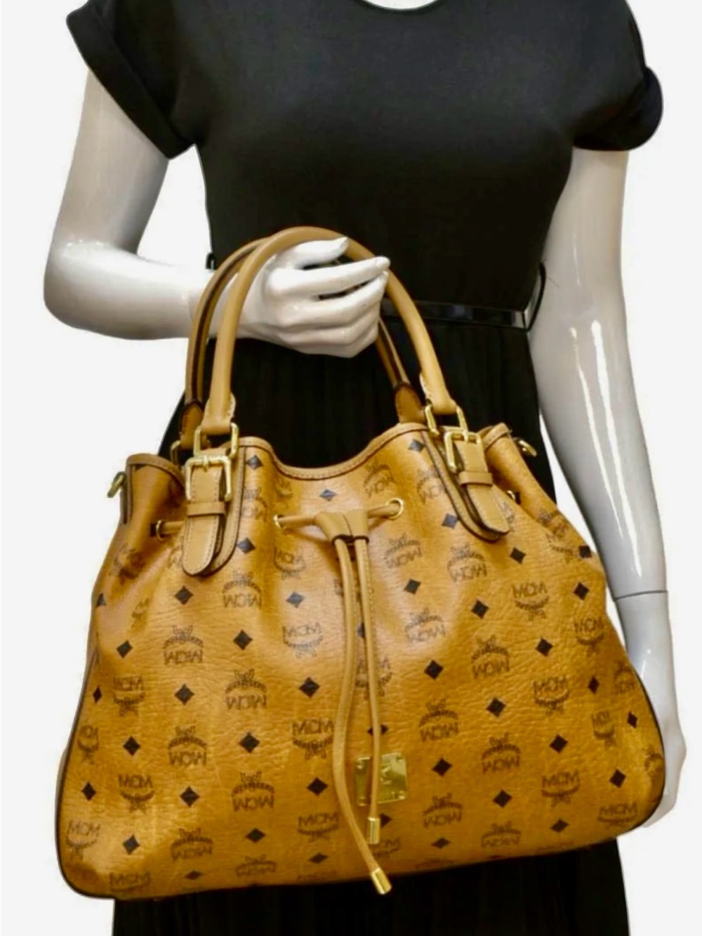 Gorgeous MCM Cognac Visetos Drawstring Shoulder Leather Bag with Gold Hardware - Picture 2 of 13